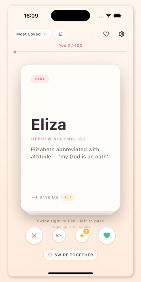Schermata iPhone: scheda del nome Eliza pronta per il voto (interfaccia in inglese)