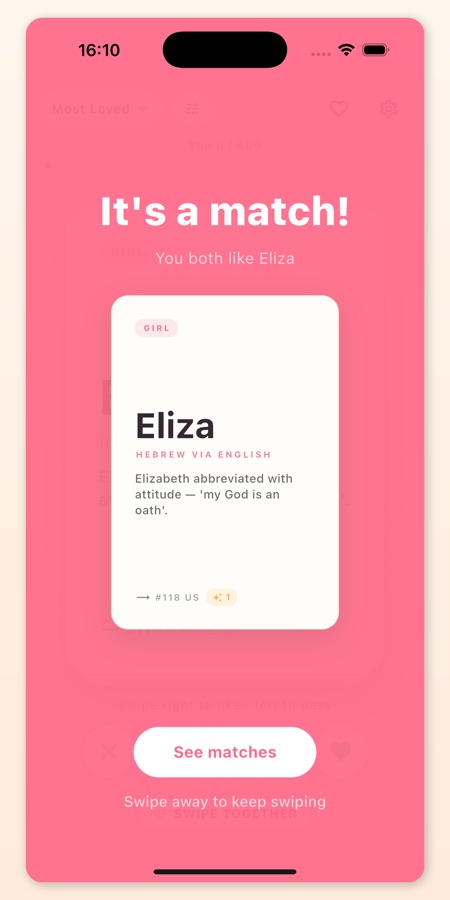 Schermata iPhone: celebrazione di una corrispondenza reciproca (interfaccia in inglese)